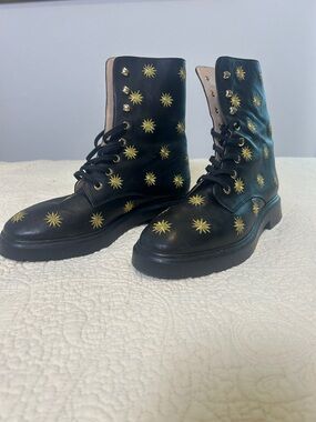 Stuart Weitzman Black Leather Lace-Up Combat Boots with Gold Starburst Studs